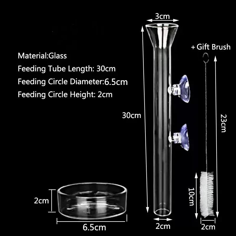 A clear glass feeding tube with a suction cup and a gift brush shown next to its dimensions.