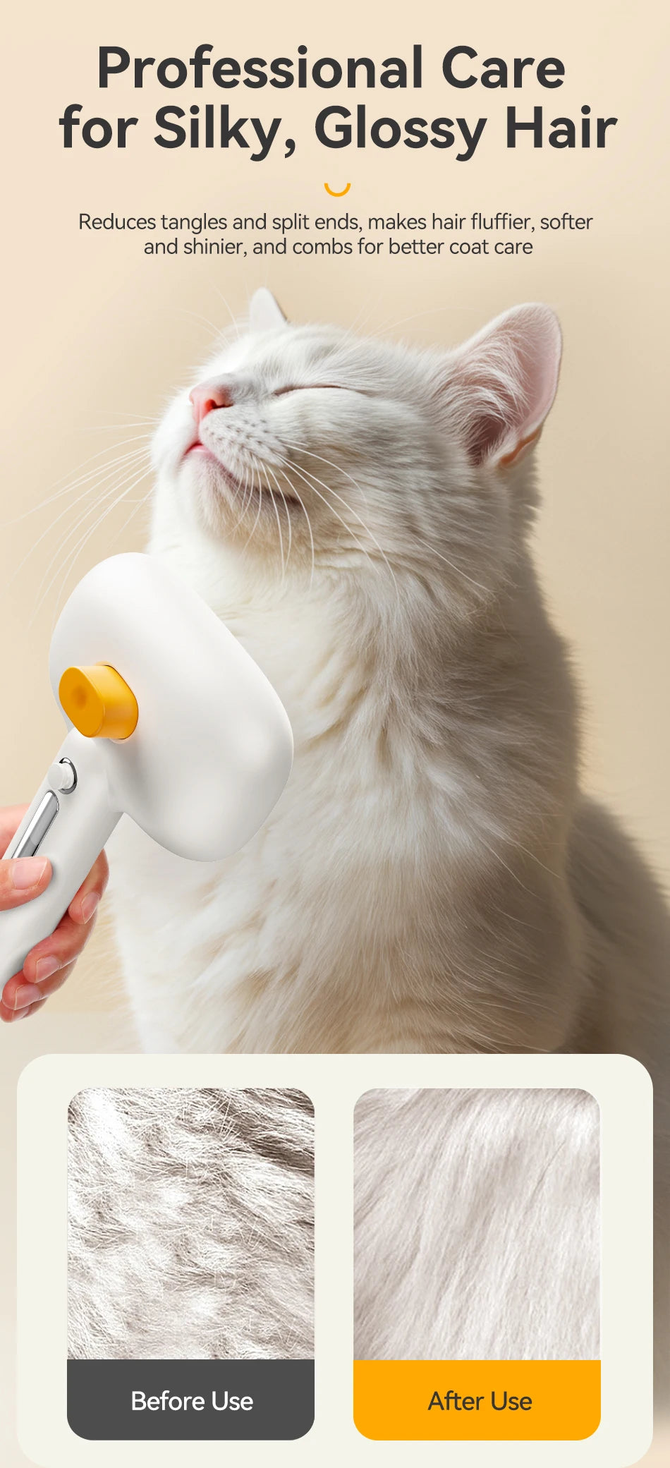 A white steam spray grooming brush is being used on a cat's silky hair.