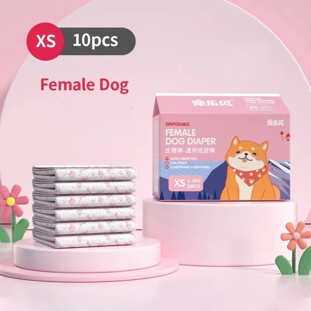 A box of disposable female dog diapers is displayed next to stacks of the diapers on a pink surface.