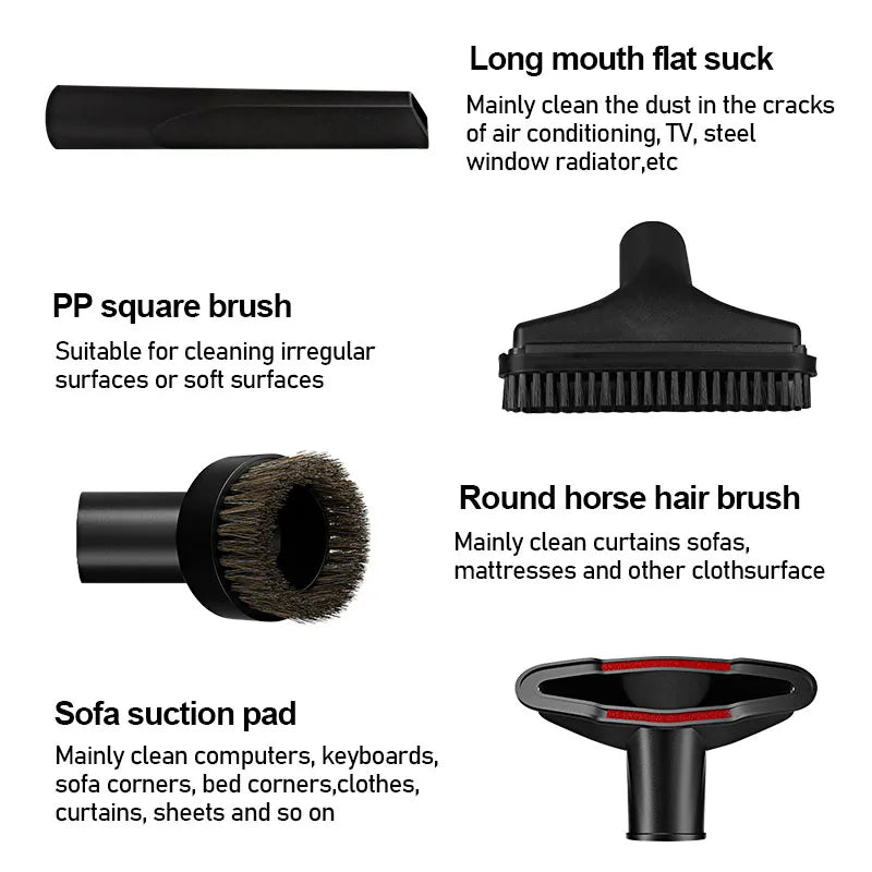 A set of cleaning tools including a long mouth flat suck, PP square brush, round horse hair brush, and sofa suction pad.