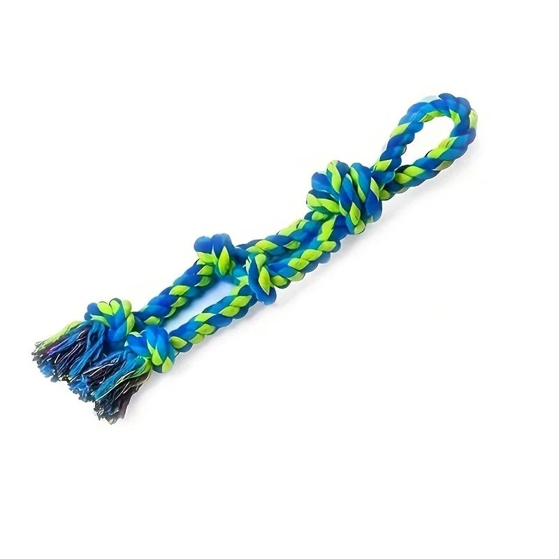 A bright blue and yellow durable knot rope dog toy for tug-of-war and interactive play.