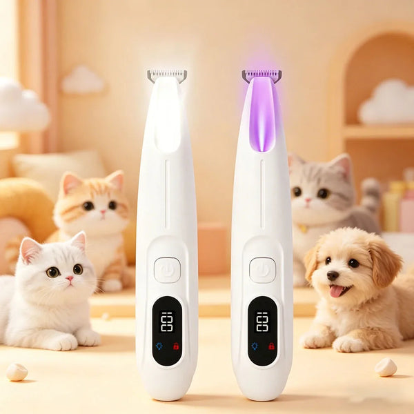 Dos recortadoras eléctricas para mascotas blancas junto a gatos y un perro sobre una superficie de madera.