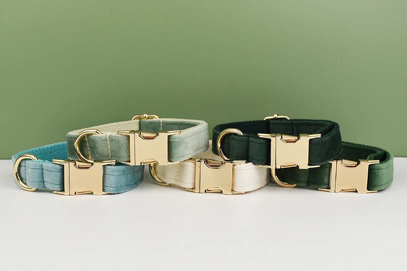 A set of three velvet dog collars and matching leashes in shades of green and blue with gold hardware.