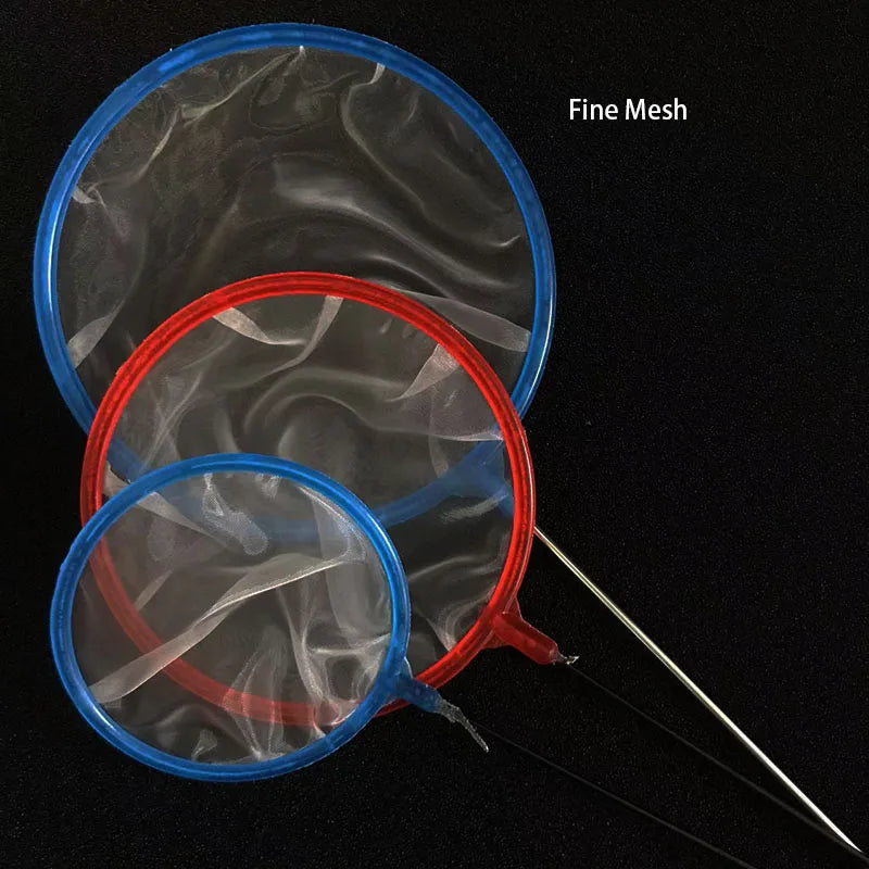 A fine mesh aquarium landing net with a blue rim and red ring is shown against a black background.