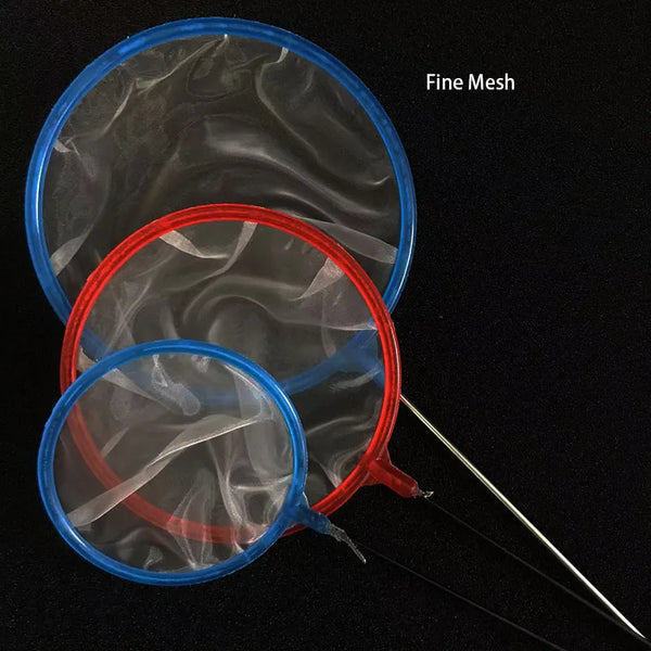 A fine mesh aquarium landing net with a blue rim and red ring is shown against a black background.