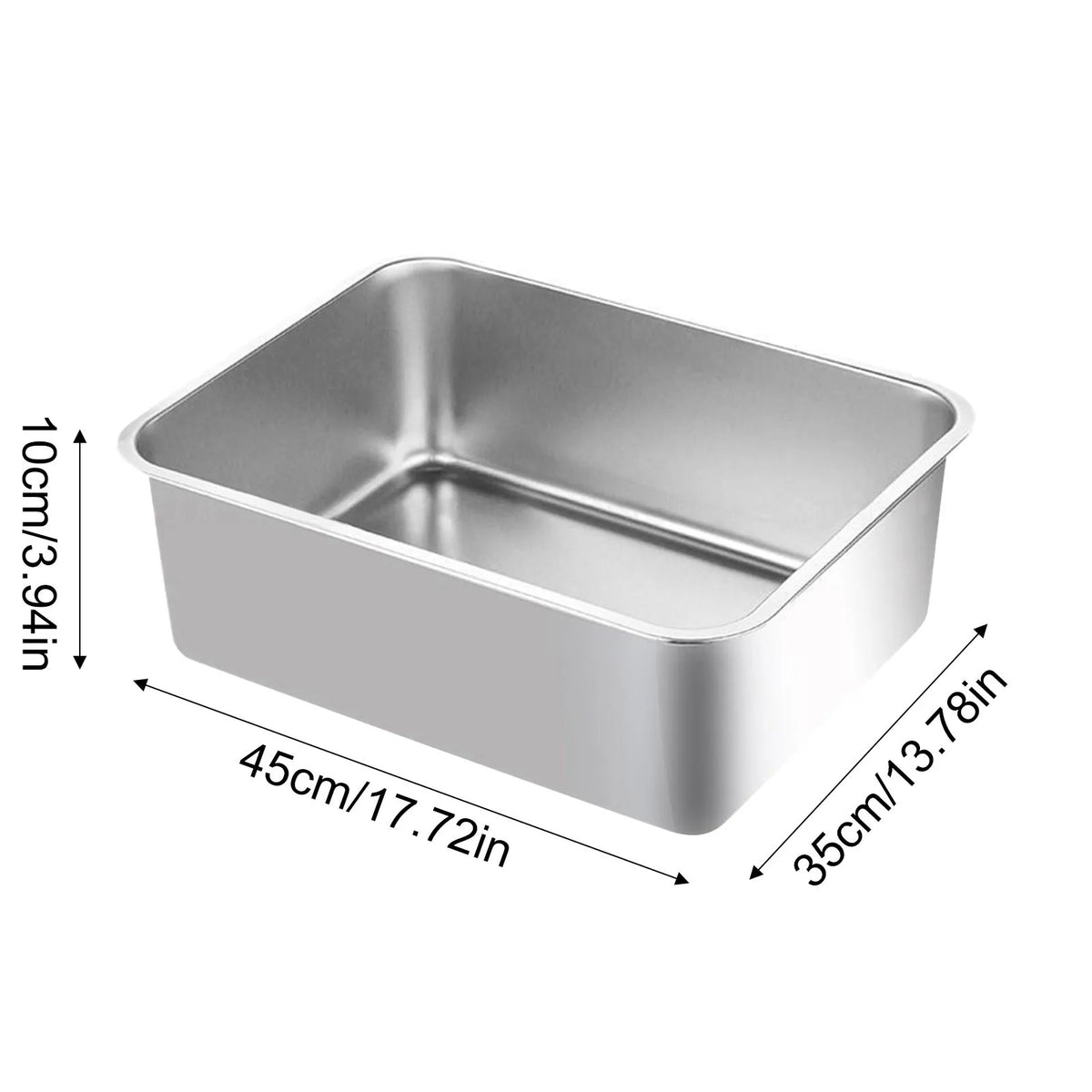 Stainless steel rectangular litter box tray with dimensions 45cm x 35cm and height 10cm
