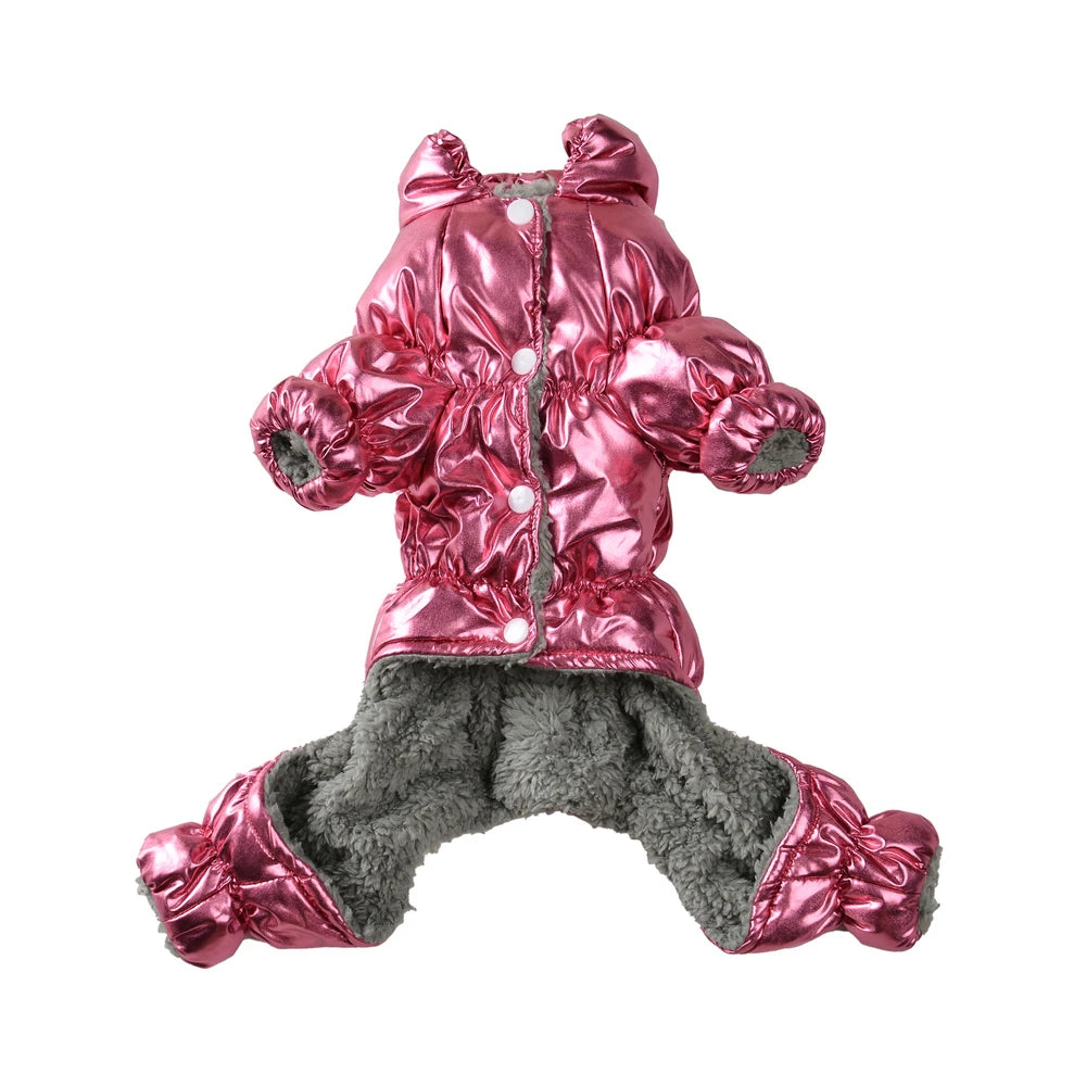 A pink, shiny waterproof fleece-lined dog jumpsuit with a hood and full coverage.