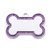Silver pet ID tag with a bone shape, featuring purple glitter on the border and a white center.