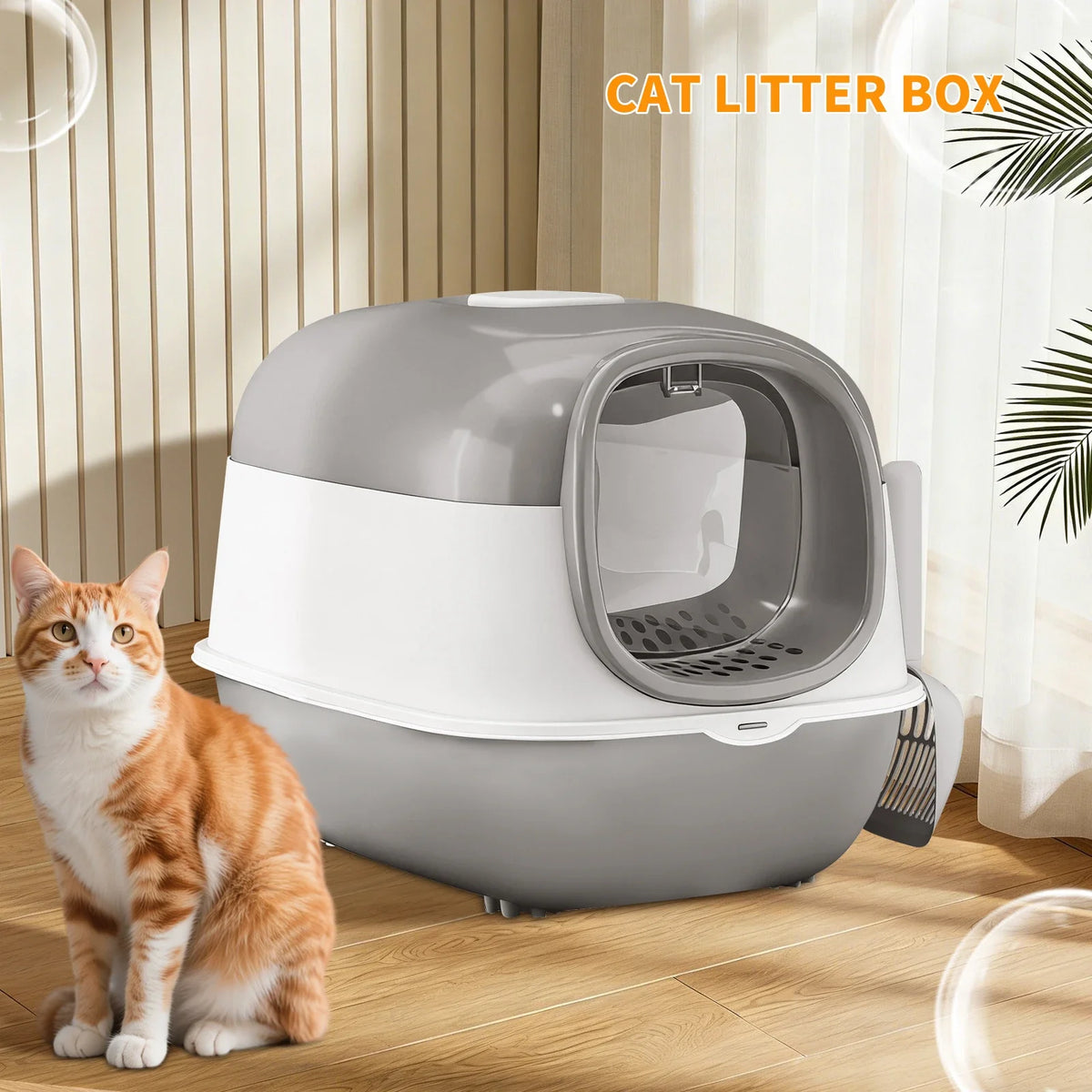 A gray cat litter box is shown next to an orange and white cat, highlighting the product for pet waste management.