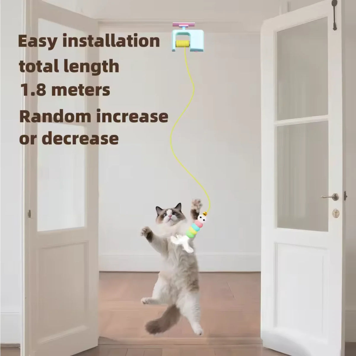 An automatic electric hanging cat toy is shown with a cat playing, demonstrating easy installation and length.