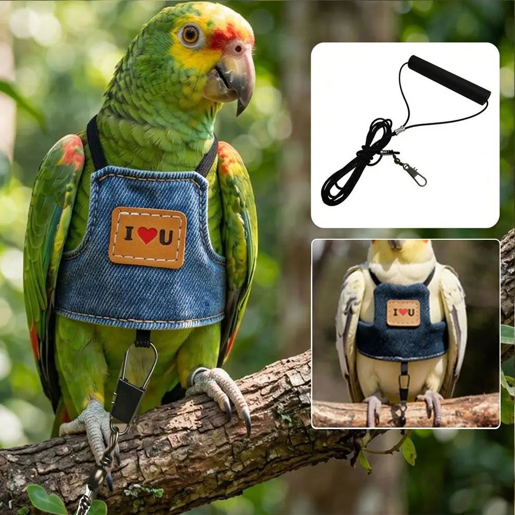 Un loro verde vistiendo un arnés de aviador de mezclilla ajustable y correa para volar, posado en una rama de árbol.