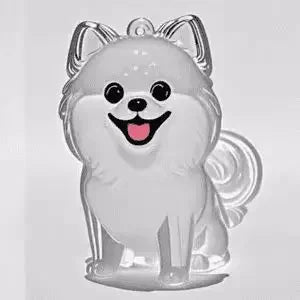 A clear silicone keychain shaped like a white dog with large ears and a happy expression.