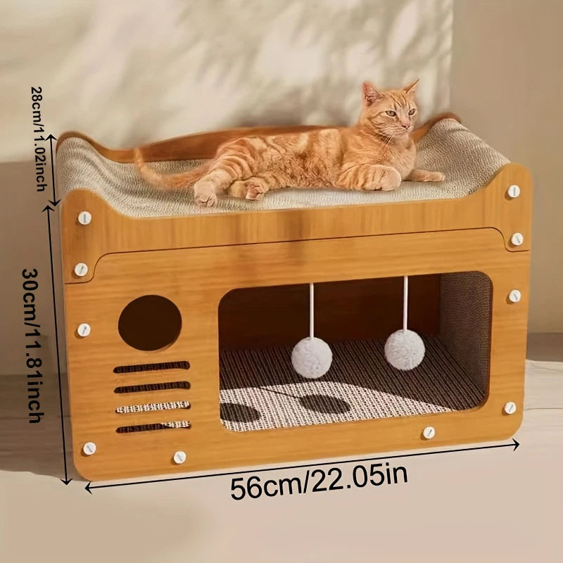 Maison pour chat en bois avec planche à griffer et lit confortable.