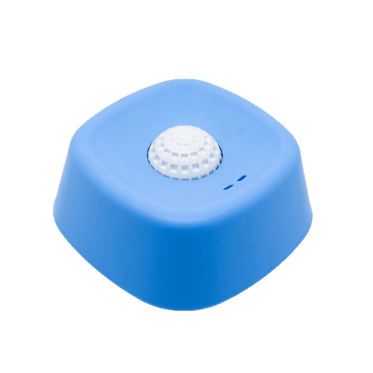 A bright blue spill-resistant lick bowl with a white rolling ball for liquid treats.