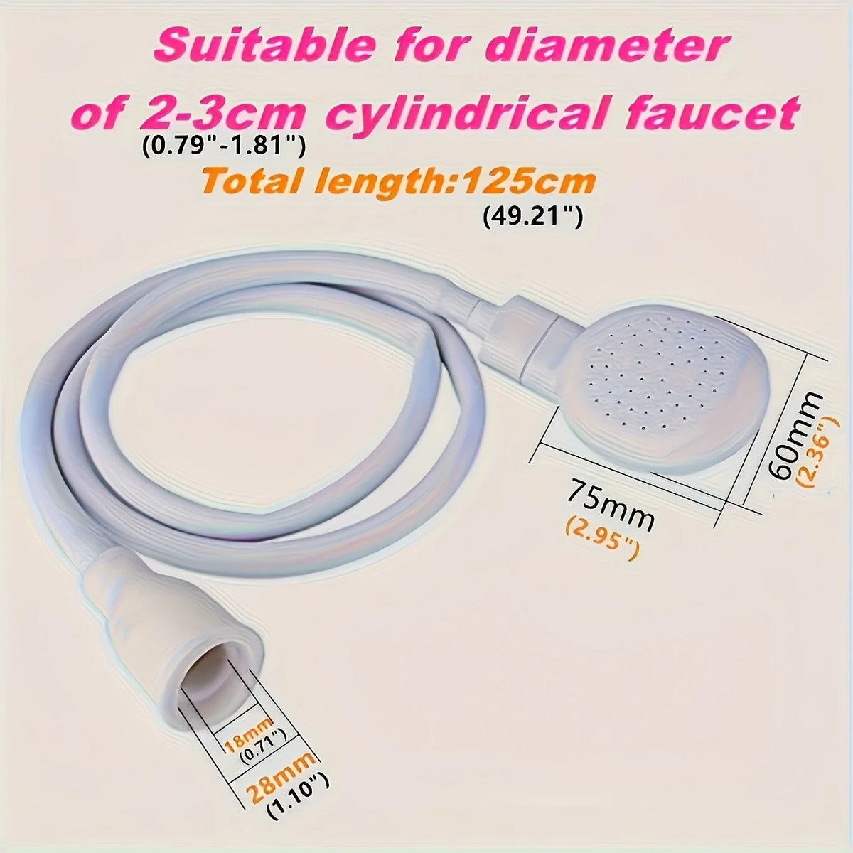 A white flexible faucet sprayer with a long hose and a spray head is shown against a light background.