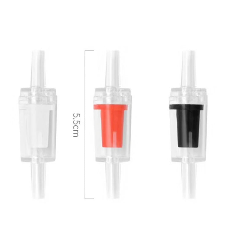 Kit diffuseur CO2 pour aquarium en plastique transparent avec clapet anti-retour, montré en trois vues.