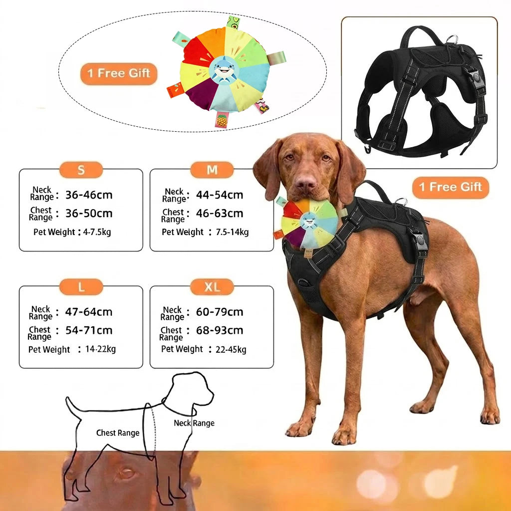 A brown dog wearing a black adjustable tactical harness with colorful reflective trim, shown alongside size options and a fre