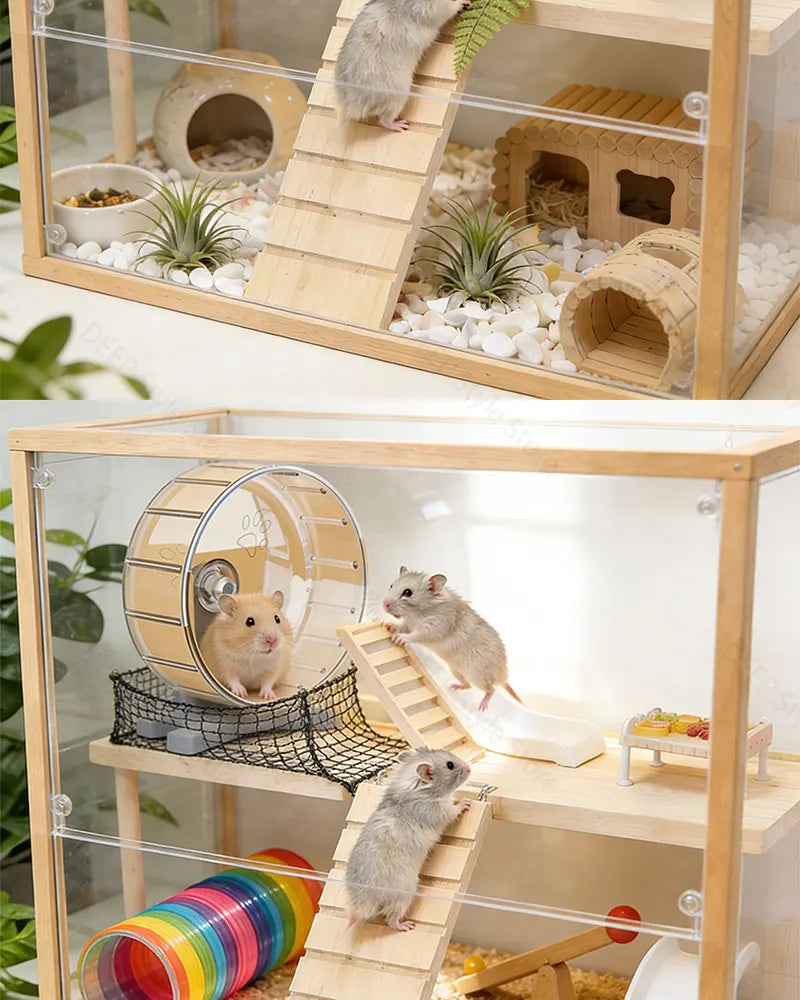 L-Shaped Wooden Hamster Platform with Stairs