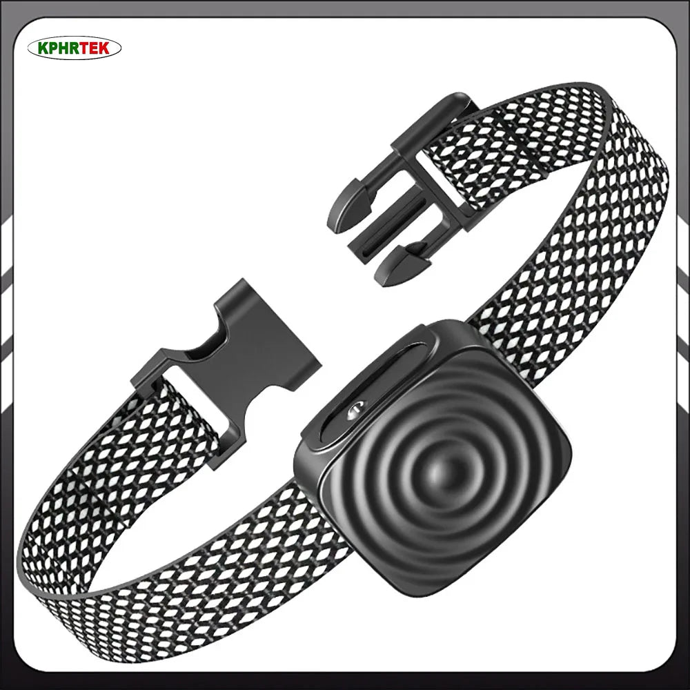 A black rechargeable anti-bark dog collar with a woven strap and a rectangular device is shown against a white background.