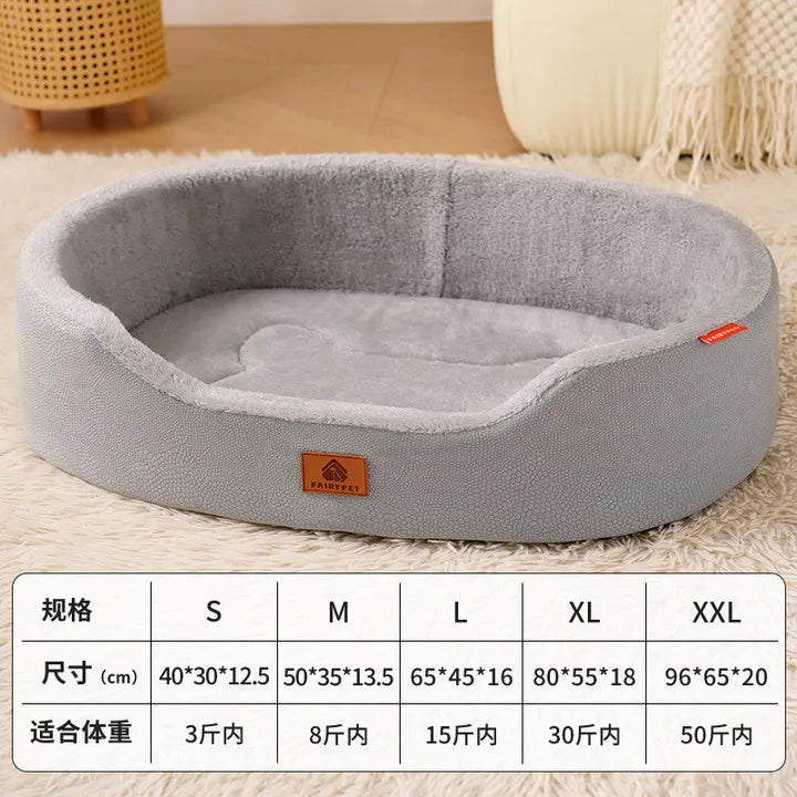 Gray dog house bed for medium sized dogs with various size options and weight limits