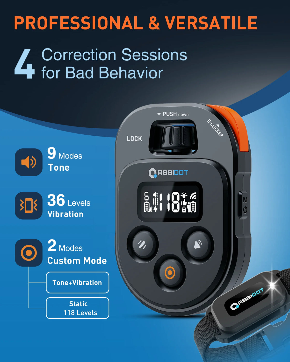 A black remote dog training collar with an orange accent, showing controls for tone and vibration modes.