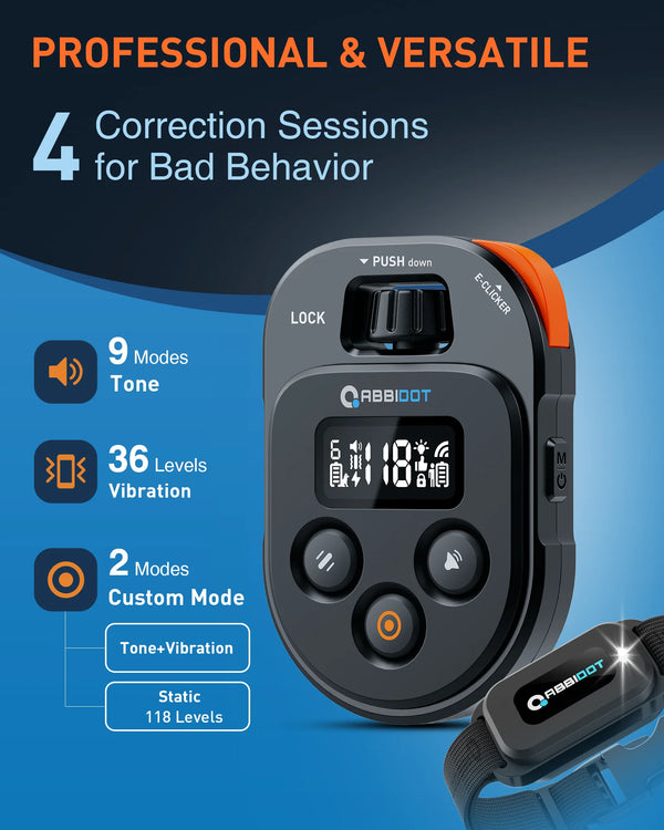 A black remote dog training collar with an orange accent, showing controls for tone and vibration modes.
