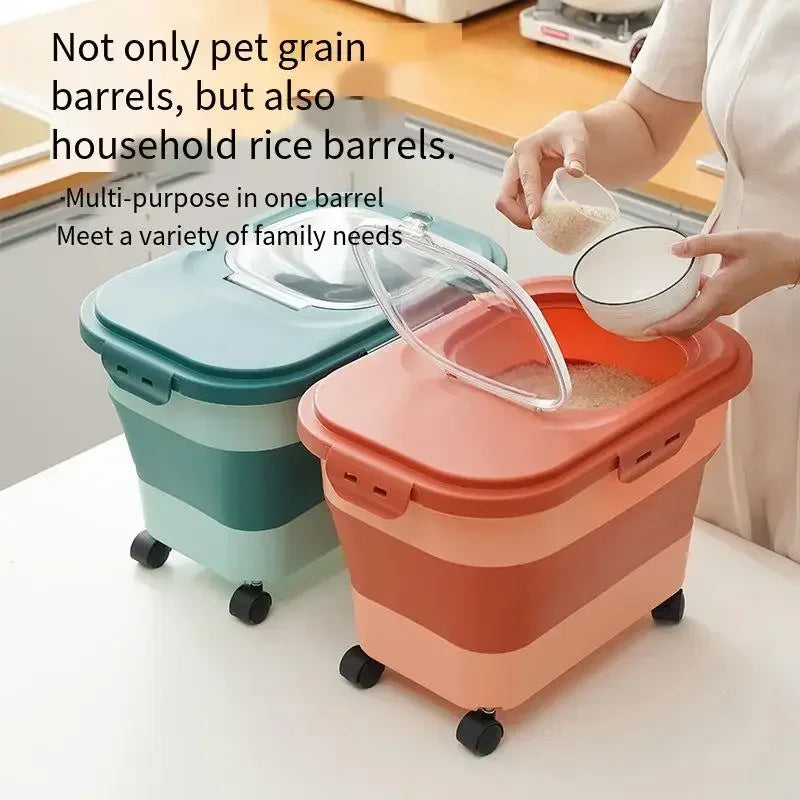 A person is holding a bowl of pet food from an orange storage barrel next to a teal one, demonstrating its multi-purpose use.