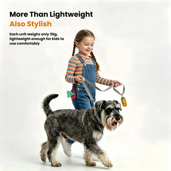 A young girl is holding a multicolor dog poop bag dispenser with a leash clip and a dog.