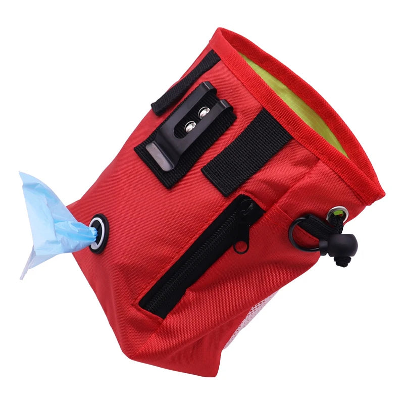 A red durable pet training treat bag with black zippers and a lime green accent.