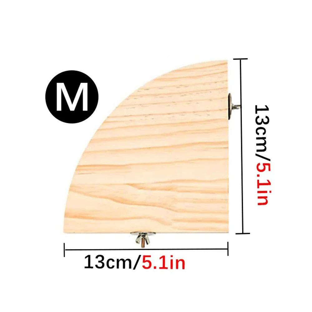 A fan-shaped wooden bird perch with dimensions of 13cm by 5.1in.