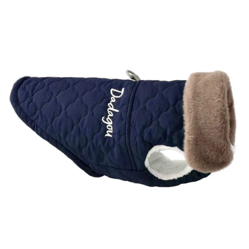 Veste en duvet marine pour chien avec un col en fourrure marron