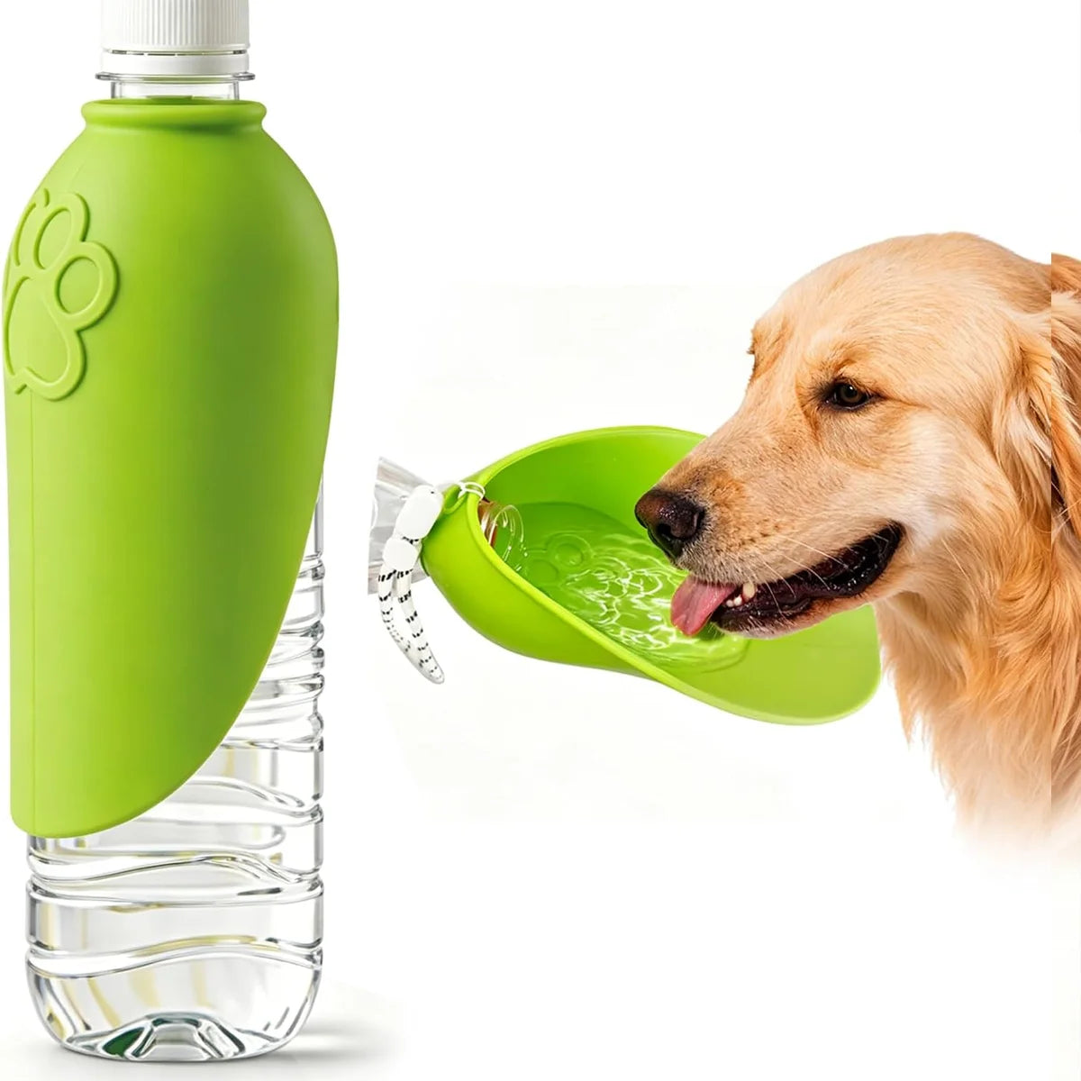 A golden dog is drinking water from a bright green silicone bowl attached to a clear bottle with a matching green cap.
