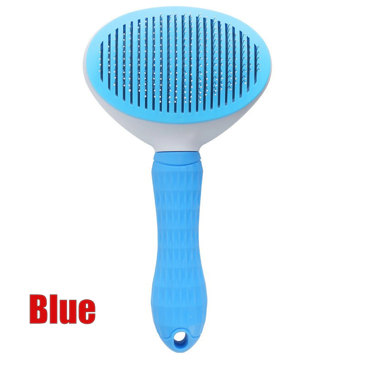 A blue self-cleaning pet hair brush for dogs and cats with a silicone bristles head and handle.