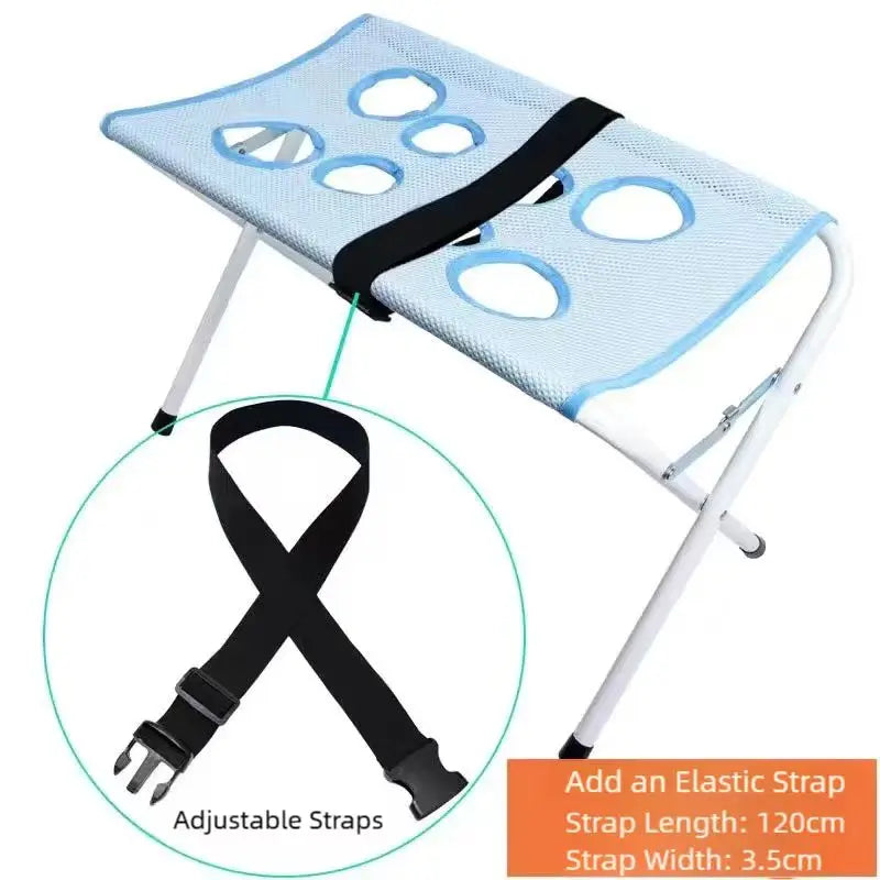 A light blue foldable pet grooming hammock with adjustable straps shown in a circular diagram.