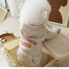 A fluffy white dog wearing a light gray hoodie embroidered with the text FRENCH PASTRY.