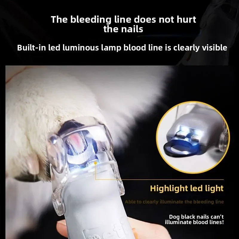 Close-up of a pet nail clipper showing a bleeding line illuminated by an LED light.