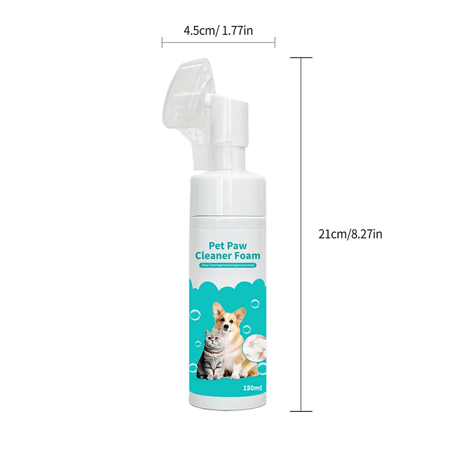 A white bottle of Pet Paw Cleaner Foam with a spray nozzle and a pump dispenser, showing its dimensions.