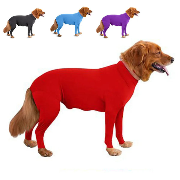 A red dog post-surgery recovery onesie with legs, anti-lick protective suit, shown in a side profile.