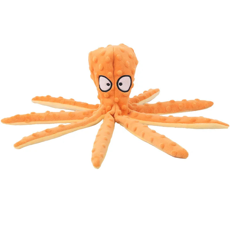 An orange squeaky octopus plush dog toy with crinkle legs.
