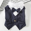 A navy blue pinstripe vest with a bow tie and white shirt displayed on a grid background.