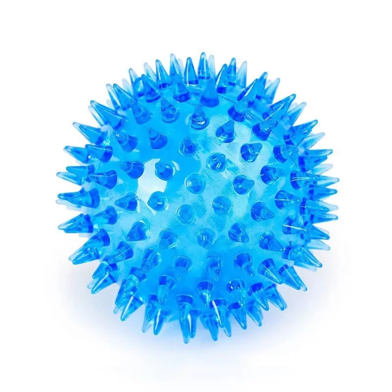 A bright blue spiky squeaky dog toy ball for interactive play and dental health.