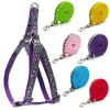 A collection of purple and green adjustable dog harnesses and leashes for small pets.