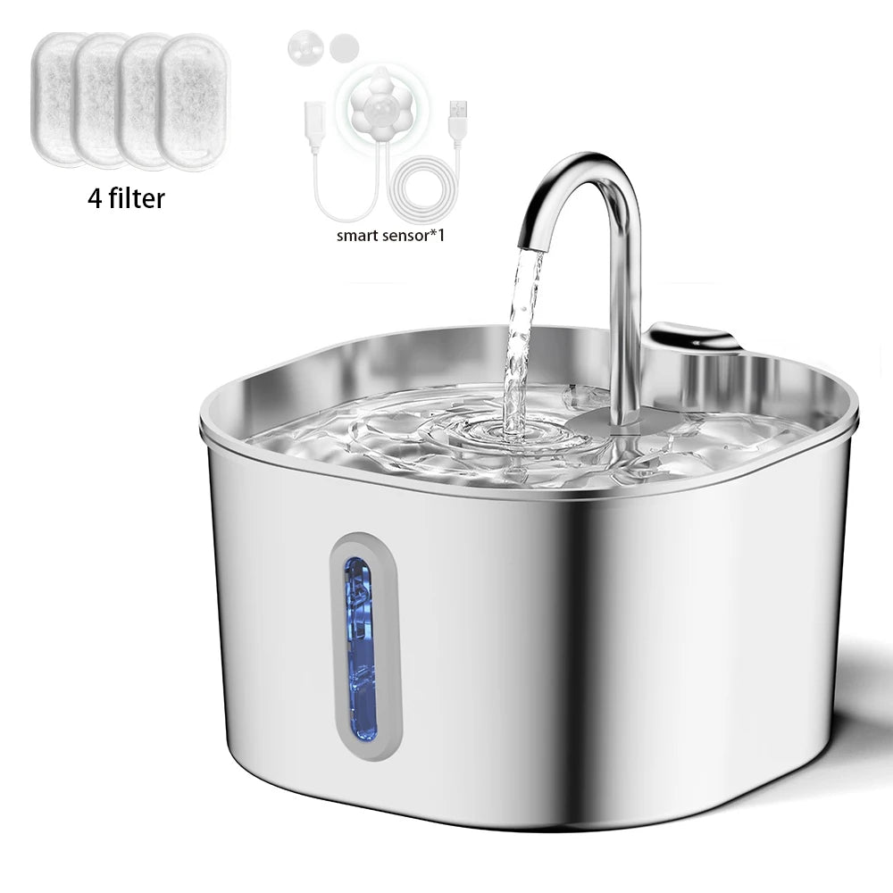 A stainless steel automatic cat water fountain with a visible water flow and a blue indicator light.