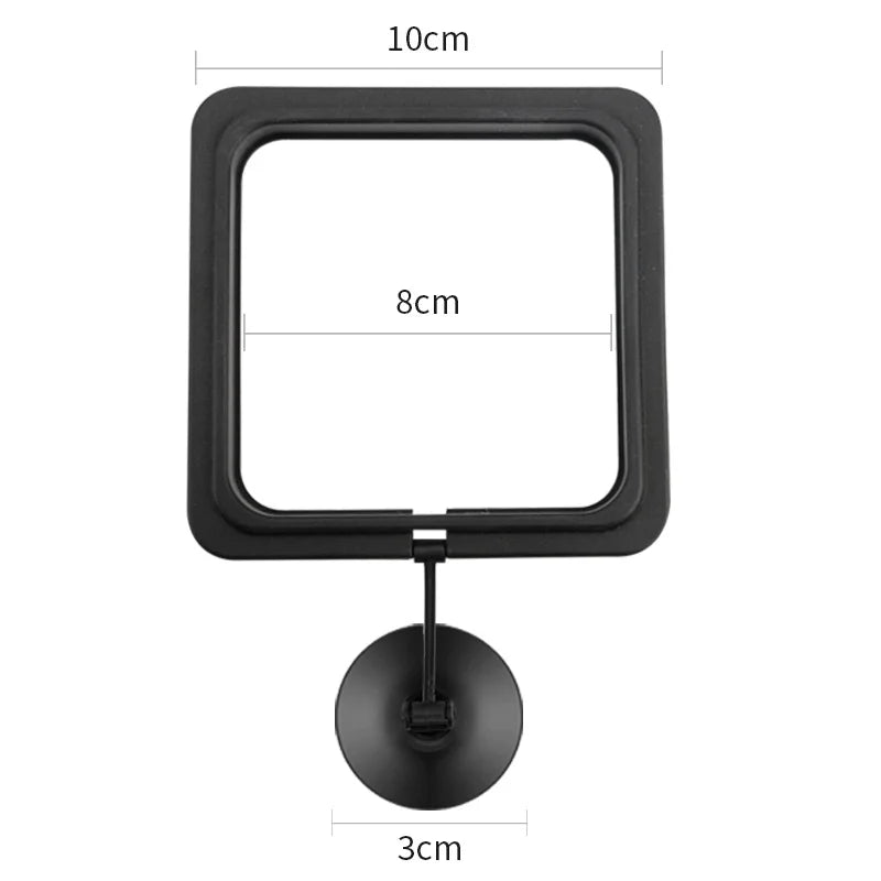 Black aquarium feeding ring with a suction cup, measuring 10cm by 8cm and featuring a 3cm base.