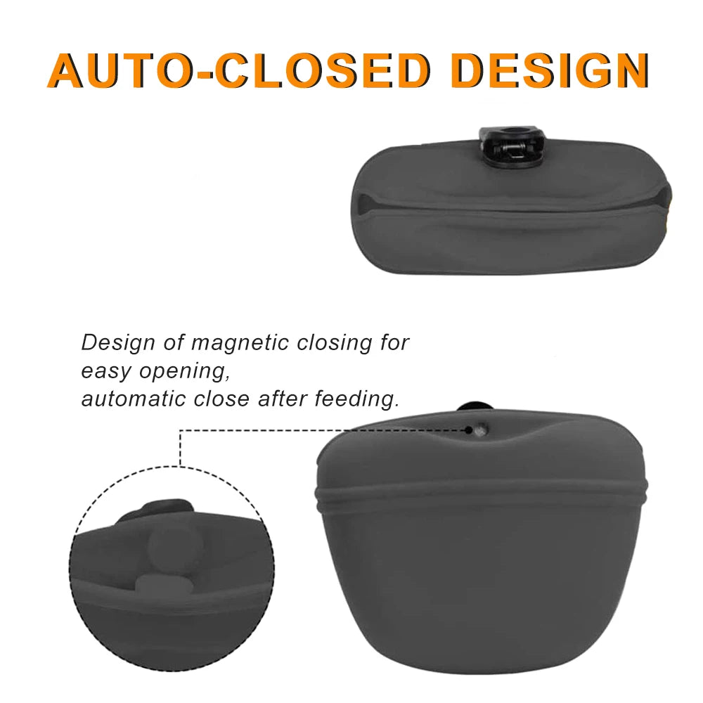 Gray silicone dog treat pouch featuring a magnetic closure design for easy opening and automatic close.