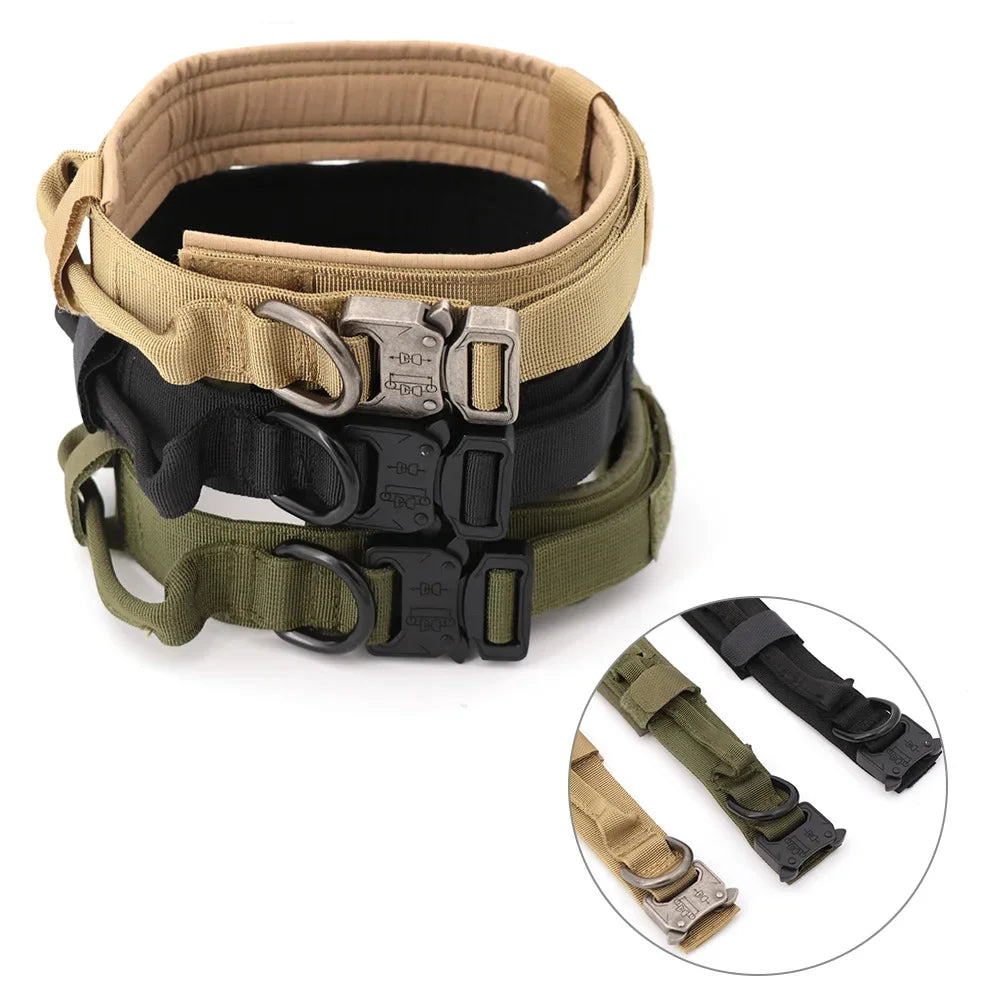 A beige tactical dog training collar and leash set with a black handle shown with various components.