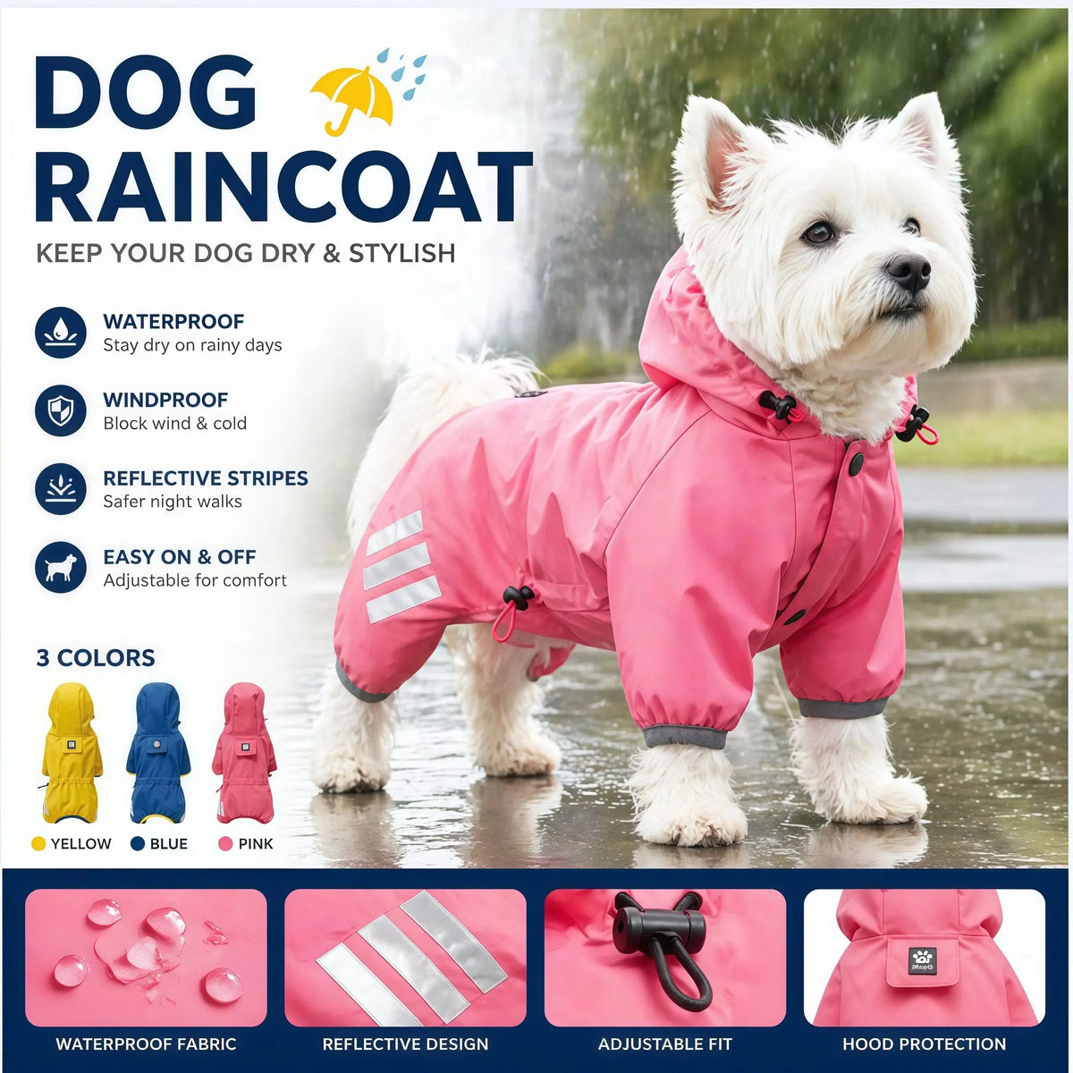 Pink waterproof dog raincoat with reflective stripes and hood shown on a white dog in the rain.