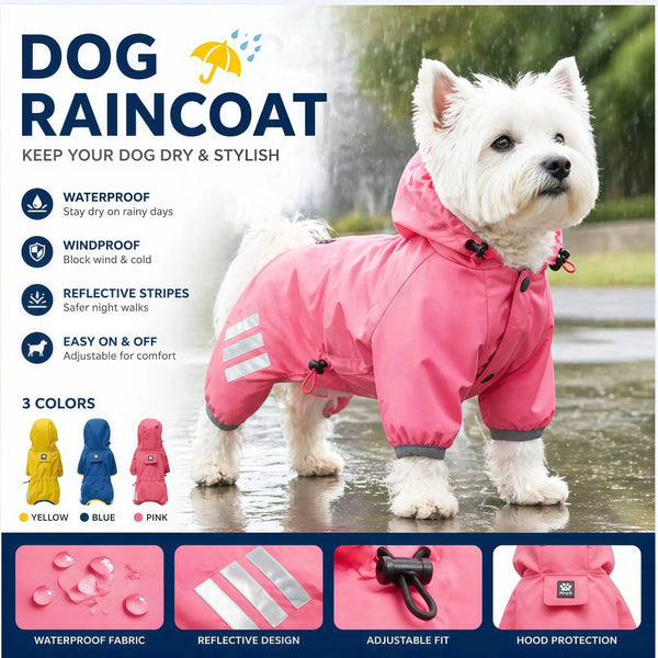 Pink waterproof dog raincoat with reflective stripes and hood shown on a white dog in the rain.