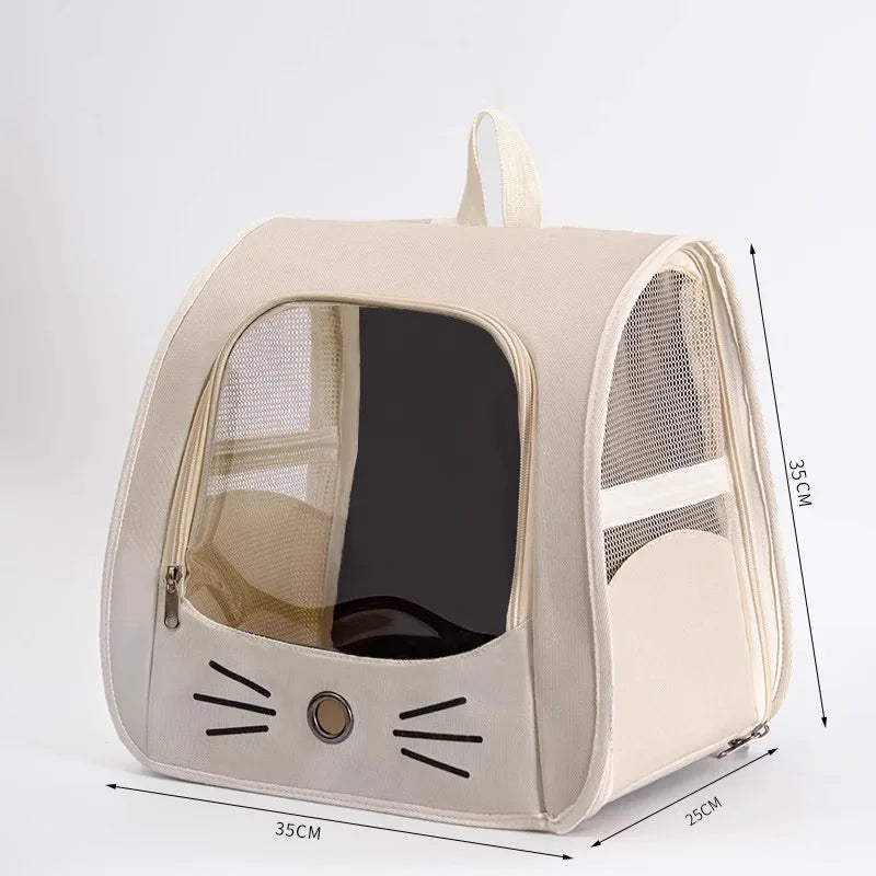 Beige faltbare Hundetasche mit transparentem Fenster und Netzpanel.