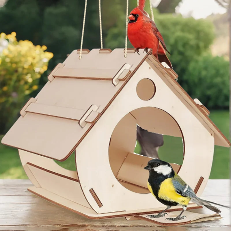 Ein hölzernes Vogelfutter mit kreisförmigem Eingang, an dem ein roter Vogel sitzt.
